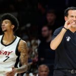 Jan 15, 2026; Miami, Florida, USA; Miami Heat head coach Erik Spoelstra reacts against the Boston Celtics during the second half at Kaseya Center
