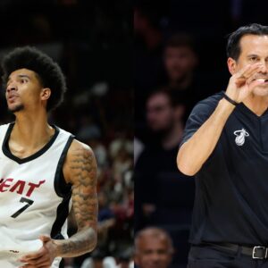 Jan 15, 2026; Miami, Florida, USA; Miami Heat head coach Erik Spoelstra reacts against the Boston Celtics during the second half at Kaseya Center