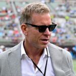 Former NFL player Troy Aikman walks on the field before the game between the Arlington Renegades and the Birmingham Stallions at Choctaw Stadium.