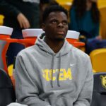 Baylor Bears center James Nnaji (46) in street clothes on the bench during the second half against the Arlington Baptist Patriots at Paul and Alejandra Foster Pavilion.