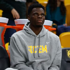 Baylor Bears center James Nnaji (46) in street clothes on the bench during the second half against the Arlington Baptist Patriots at Paul and Alejandra Foster Pavilion.