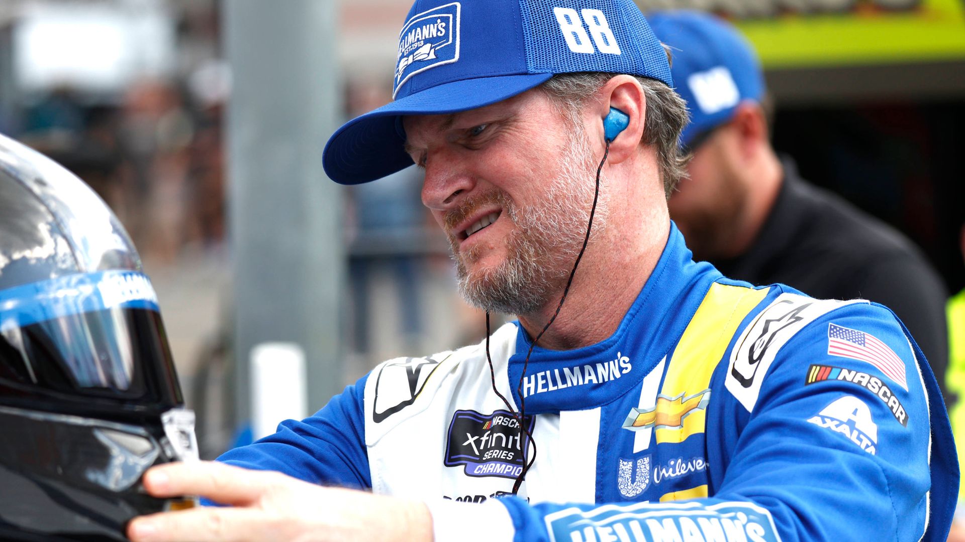 BRISTOL, TN - SEPTEMBER 20: Dale Earnhardt, Jr ( 88 JR Motorsports Hellmann s Chevrolet) talks with members of his crew during practice for the NASCAR, Motorsport, USA Xfinity Series Food City 300 on September 20, 2024