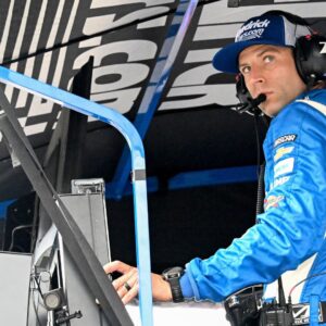 NASCAR Cup Series driver Kyle Larson (5) crew chief Cliff Daniels looks out of his pit box Sunday, July 27, 2025, during the Brickyard 400 at Indianapolis Motor Speedway.