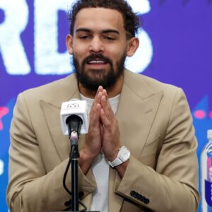 Jan 9, 2026; Washington, District of Columbia, USA; Newly acquired Washington Wizards guard Trae Young speaks at an introductory press conference prior to the Wizards' game against the New Orleans Pelicans at Capital One Arena.