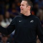 Jan 4, 2026; Phoenix, Arizona, USA; Phoenix Suns head coach Jordan Ott reacts against the Oklahoma City Thunder in the second half at Mortgage Matchup Center.