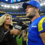 ESPN radio reporter Lindsey Thiry. (left) interviews Los Angeles Rams quarterback Matthew Stafford (9) after the game against the Detroit Lions at SoFi Stadium.