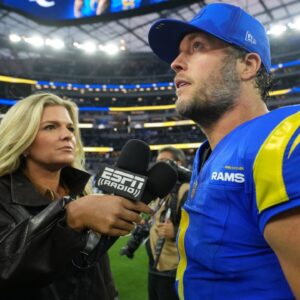 ESPN radio reporter Lindsey Thiry. (left) interviews Los Angeles Rams quarterback Matthew Stafford (9) after the game against the Detroit Lions at SoFi Stadium.