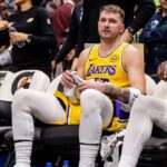 Los Angeles Lakers forward/guard Luka Doncic (77) sits on a the bench against the New Orleans Pelicans during the second half at Smoothie King Center