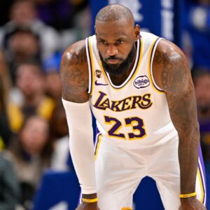 Jan 24, 2026; Dallas, Texas, USA; Los Angeles Lakers forward LeBron James (23) looks on during the game against the Dallas Mavericks at the American Airlines Center