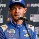 Aug 27, 2025; Charlotte, NC, USA; Kyle Larson answers questions from the media during NASCAR Cup Series Playoff Media Day at Charlotte Convention Center