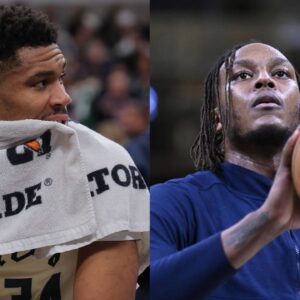 Giannis Antetokounmpo (L), Myles Turner (R)