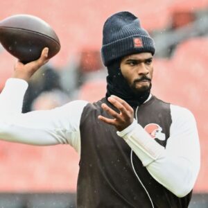 Cleveland Browns quarterback Shedeur Sanders (12) warms up before the game against the Tennessee Titans at Huntington Bank Field.