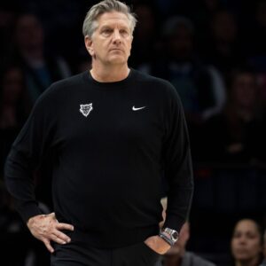 Feb 6, 2026; Minneapolis, Minnesota, USA; Minnesota Timberwolves head coach Chris Finch looks on against the New Orleans Pelicans in the second half at Target Center.