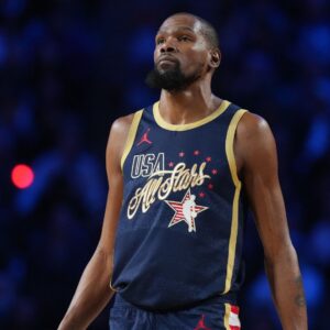 Feb 15, 2026; Inglewood, California, USA; Team USA Stripes forward Kevin Durant () 7of the Houston Rockets looks on during game three against Team World during the 75th NBA All Star Game at Intuit Dome