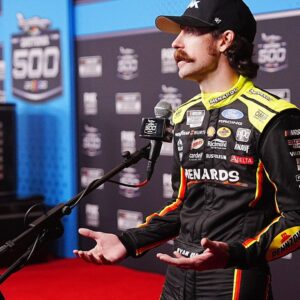 Ryan Blaney speaks to media during NASCAR Media Day at Daytona International Speedway, Wednesday, Feb. 11, 2026