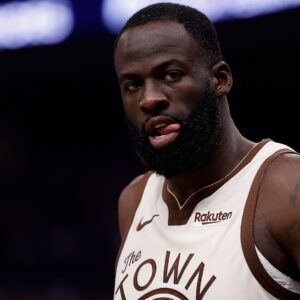 Feb 9, 2026; San Francisco, California, USA; Golden State Warriors forward Draymond Green (23) between plays against the Memphis Grizzlies during the second quarter at Chase Center