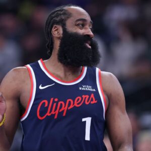 LA Clippers guard James Harden (1) reacts after a shot against the Utah Jazz during the second half at Delta Center