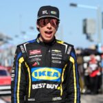 Feb 13, 2026; Daytona Beach, Florida, USA; NASCAR Truck Series driver Carson Hocevar (77) during truck series qualifying at Daytona International Speedway
