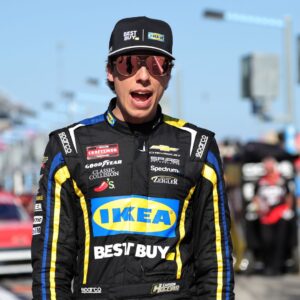 Feb 13, 2026; Daytona Beach, Florida, USA; NASCAR Truck Series driver Carson Hocevar (77) during truck series qualifying at Daytona International Speedway