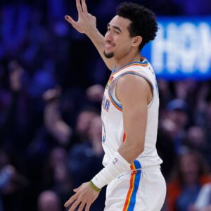 Feb 7, 2026; Oklahoma City, Oklahoma, USA; Oklahoma City Thunder guard Jared McCain (3) gestures after scoring against the Houston Rockets during the second half at Paycom Center.