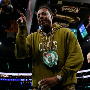 Jun 9, 2024; Boston, Massachusetts, USA; Boston Celtics former player Paul Pierce looks into a video camera on the court before game two of the 2024 NBA Finals between the Boston Celtics and the Dallas Mavericks at TD Garden.