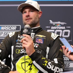 Feb 11, 2026; Daytona Beach, Florida, USA; NASCAR Cup Series driver Shane Van Gisbergen (97) speaks to the media during the Daytona 500 Media Day at Daytona International Speedway.