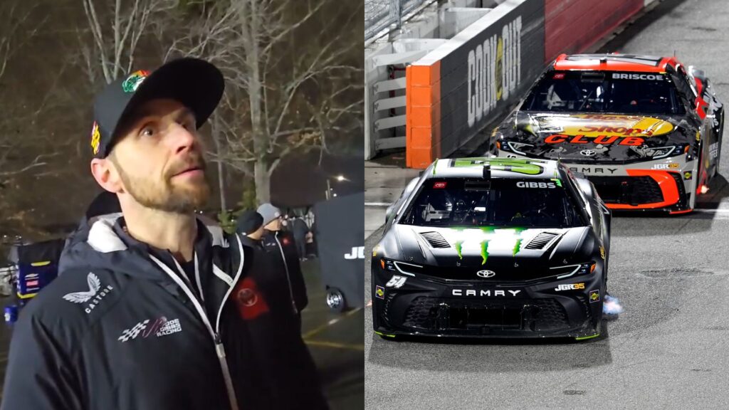 Feb 4, 2026; WInston-Salem, North Carolina, USA; NASCAR Cup Series driver Ty Gibbs (54) is challenged by driver Chase Briscoe (19) during the Cook Out Clash at Bowman Gray Stadium.