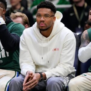 Milwaukee Bucks forward Giannis Antetokounmpo looks on from the bench during the first quarter against the New Orleans Pelicans at Fiserv Forum.