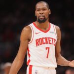 Jan 29, 2026; Atlanta, Georgia, USA; Houston Rockets forward Kevin Durant (7) reacts to a referee against the Atlanta Hawks in the second quarter at State Farm Arena.