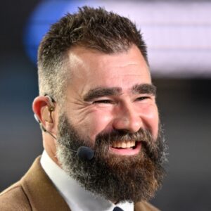 ESPN Monday Night Countdown panelist and former player Jason Kelce speaks before the game between the Dallas Cowboys and the Arizona Cardinals at AT&T Stadium.