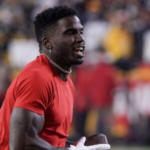 Kansas City Chiefs wide receiver Tyreek Hill (10) warms up against the Pittsburgh Steelers before an AFC Wild Card playoff football game at GEHA Field at Arrowhead Stadium.