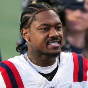 New England Patriots wide receiver Stefon Diggs (8) during halftime against the Seattle Seahawks in Super Bowl LX at Levi's Stadium.