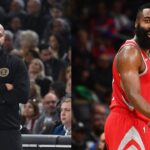 JB Bickerstaff (L), James Harden (R)