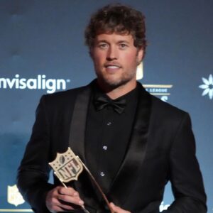 Los Angeles Rams quarterback Matthew Stafford posts with the NFL Honors most valuable player trophy at Palace of Fine Arts.