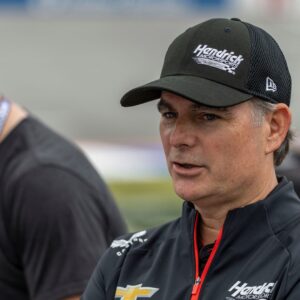 Apr 26, 2025; Talladega, Alabama, USA; Former driver Jeff Gordon talks with the media during Jack Link's 500 qualifying at Talladega Superspeedway.