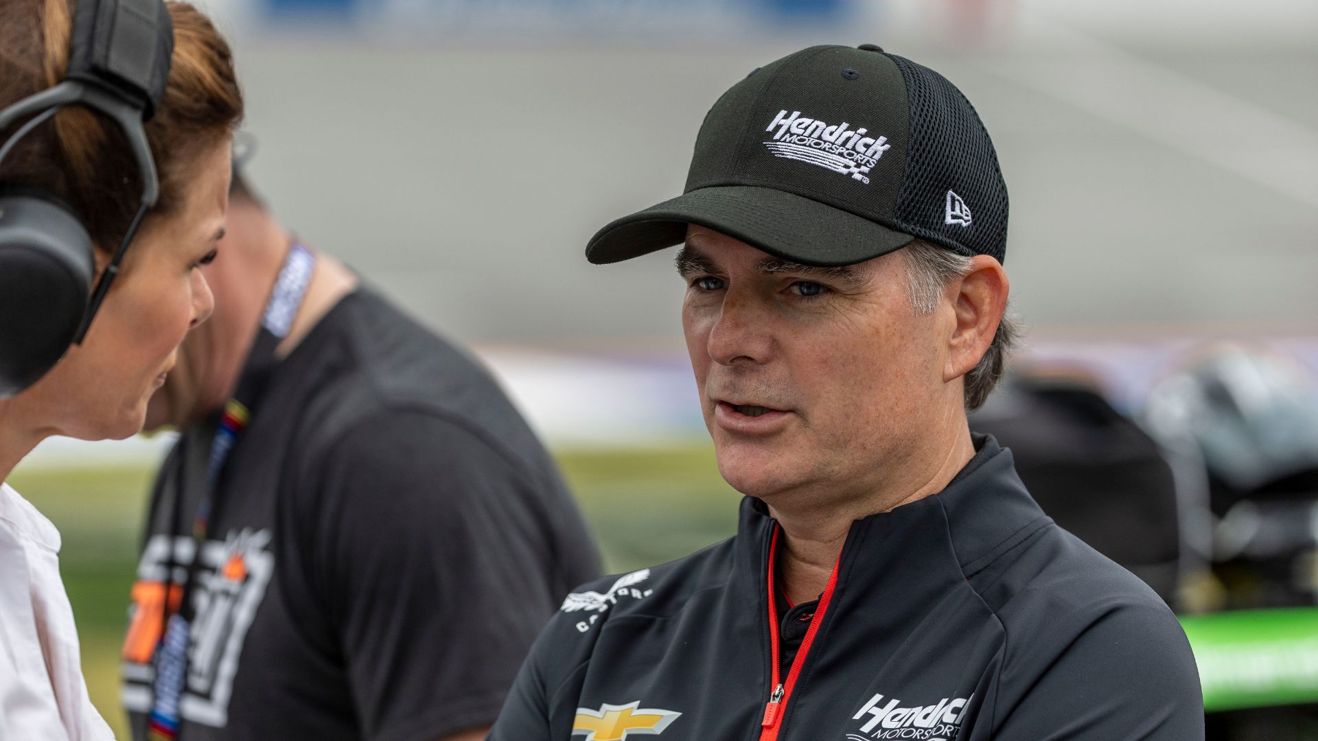 Apr 26, 2025; Talladega, Alabama, USA; Former driver Jeff Gordon talks with the media during Jack Link's 500 qualifying at Talladega Superspeedway.