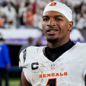 Cincinnati Bengals wide receiver Ja’Marr Chase (1) walks for the locker room after the NFL Week 7 game between the Cincinnati Bengals and the Pittsburgh Steelers at Paycor Stadium in downtown Cincinnati on Thursday, Oct. 16, 2025. The Bengals won, 33-31.