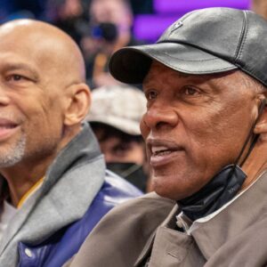 NBA great Kareem Abdul-Jabbar (left) and NBA great Julius Erving (right) during the Skills Challenge during the 2022 NBA All-Star Saturday Night at Rocket Mortgage Field House.