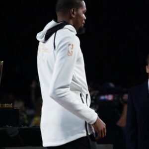 October 16, 2018; Oakland, CA, USA; Golden State Warriors forward Kevin Durant (35) receives his ring from co-owner Peter Guber