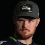 Seattle Seahawks quarterback Sam Darnold (14) talks to media members at the San Jose Marriott.