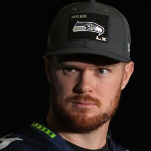 Seattle Seahawks quarterback Sam Darnold (14) talks to media members at the San Jose Marriott.