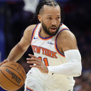 Feb 11, 2026; Philadelphia, Pennsylvania, USA; New York Knicks guard Jalen Brunson (11) drives against the Philadelphia 76ers during the first half at Xfinity Mobile Arena.