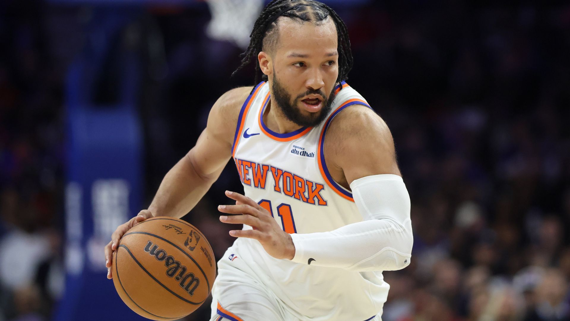 Feb 11, 2026; Philadelphia, Pennsylvania, USA; New York Knicks guard Jalen Brunson (11) drives against the Philadelphia 76ers during the first half at Xfinity Mobile Arena.