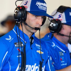Oct 31, 2025; Avondale, Arizona, USA; Cliff Daniels, crew chief for NASCAR Cup Series driver Kyle Larson (not pictured) during practice for the NASCAR Championship race at Phoenix Raceway