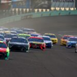 Feb 28, 2021; Homestead, Florida, USA; NASCAR Cup Series driver William Bryon (24) leads the field during the Dixie Vodka 400 Homestead-Miami Speedway.