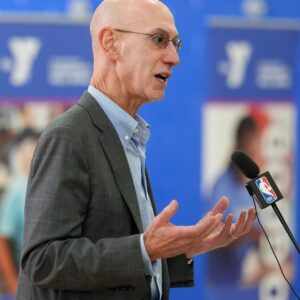 Feb 12, 2026; Los Angeles, California, USA; NBA commissioner Adam Silver speaks at NBA Cares Legacy Project Dedication at the Weingart YMCA