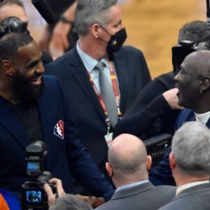 Feb 20, 2022; Cleveland, Ohio, USA; Lebron James and Michael Jordan on court during halftime during the 2022 NBA All-Star Game at Rocket Mortgage FieldHouse. Mandatory Credit: David Richard-Imagn Images