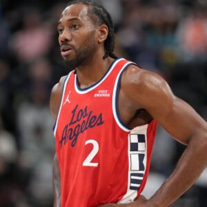 Feb 22, 2026; Inglewood, California, USA; LA Clippers forward Kawhi Leonard (2) reacts against the Orlando Magic in the second half at Intuit Dome