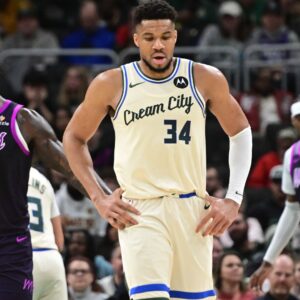 Jan 13, 2026; Milwaukee, Wisconsin, USA; Milwaukee Bucks forward Giannis Antetokounmpo (34) reacts in the second quarter against the Minnesota Timberwolves at Fiserv Forum.