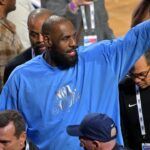; Team USA Stripes forward LeBron James (23) of the Los Angeles Lakers leaves the court after the championship game during the 75th NBA All Star Game at Intuit Dome.